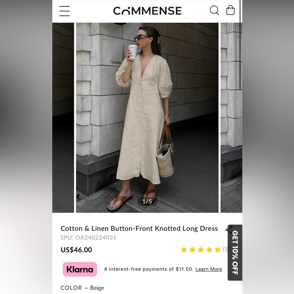 Commense Cotton & Linen Button-Front Knotted Long Dress NWT